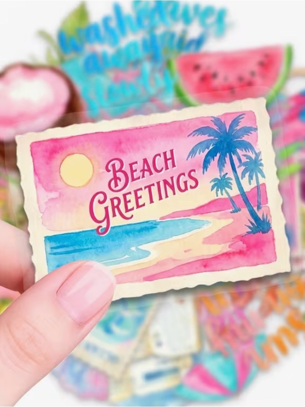 50 Beach Life Summer Stickers Pink & Blue Palm Tree Waves Sun Coconut Vacation - Picture 2 of 14